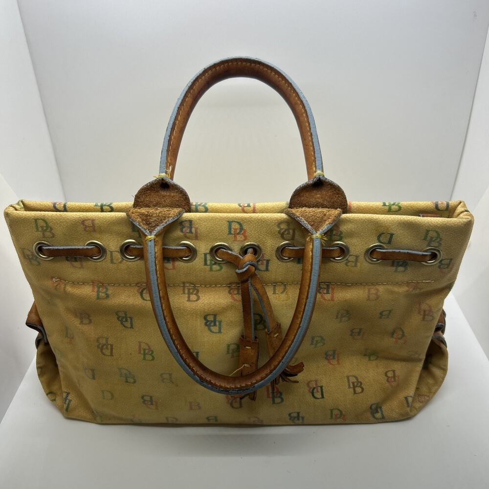 Dooney & Bourke Pale Yellow& Tan Vinyl Handbag Purse Leather Hand Held Straps!